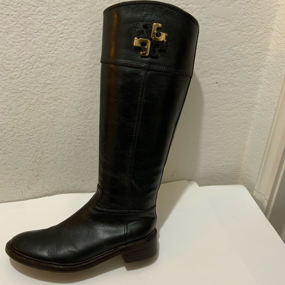 Tory Burch Lowell 2 Logo Brown Leather Knee High Riding Boot 7 M Excellent